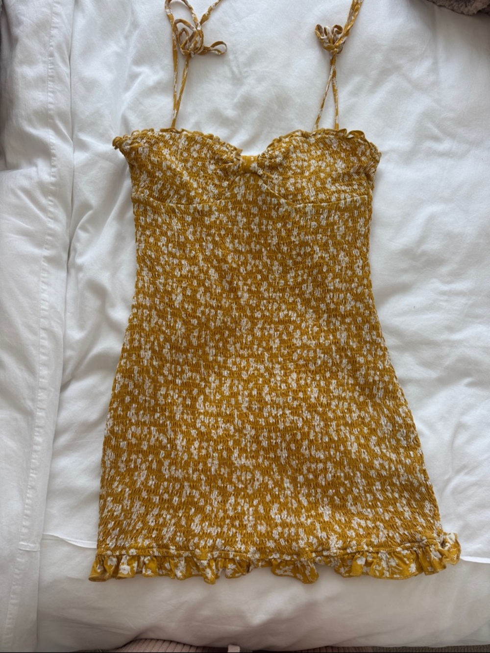 Mustard Floral Smocked Mini Dress with Tie Straps